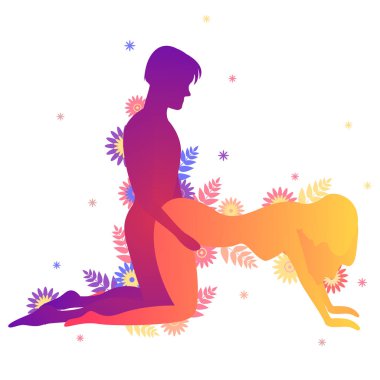 Kama sutra cinsel poz Doggy Style. Erkek ve kadın üzerinde beyaz arka plan seks pozlar illüstrasyon çiçekli