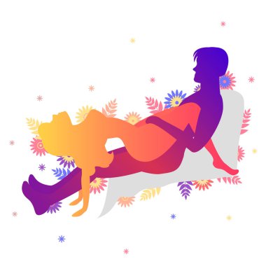 Kama sutra cinsel poz geriye doğru kaydırın. Erkek ve kadın üzerinde beyaz arka plan seks pozlar illüstrasyon çiçekli