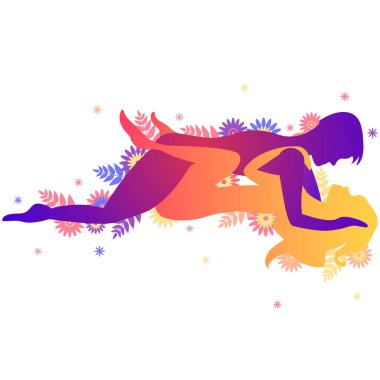 Kama sutra cinsel poz uzanmış Lotus. Erkek ve kadın üzerinde beyaz arka plan seks pozlar illüstrasyon çiçekli