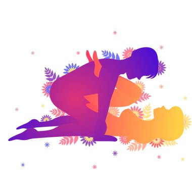 Kama sutra cinsel poz Indrani. Erkek ve kadın üzerinde beyaz arka plan seks pozlar illüstrasyon çiçekli