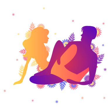 Kama sutra cinsel poz Catherine tekerlek. Erkek ve kadın üzerinde beyaz arka plan seks pozlar illüstrasyon çiçekli