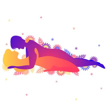 Kama sutra cinsel poz baştan çıkarma. Erkek ve kadın üzerinde beyaz arka plan seks pozlar illüstrasyon çiçekli