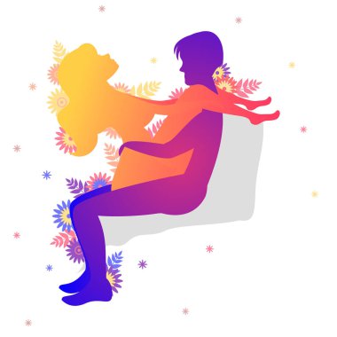Kama sutra cinsel poz Lap Top. Erkek ve kadın üzerinde beyaz arka plan seks pozlar illüstrasyon çiçekli