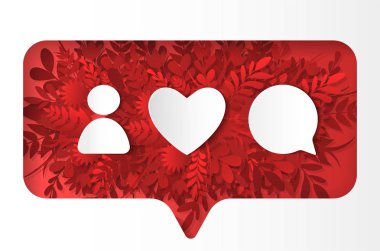 Sosyal ağ simgeleri paketi. Gibi yorum, izleyin, kırmızı bitkiler, ot, yaprak ve çiçek, kağıt kesim tarzı