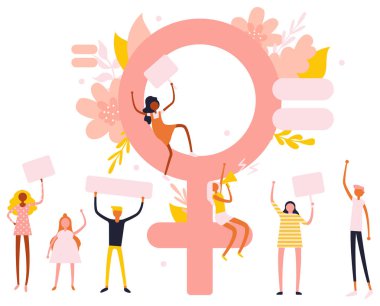 Küçük karakterler kız ve erkek feministler ve büyük Venüs sembolü, trendy düz illüstrasyon