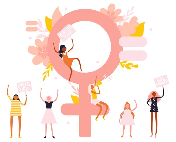Small Characters Girl Feminists Big Venus Symbol Trendy Flat Illustration — Stock Vector