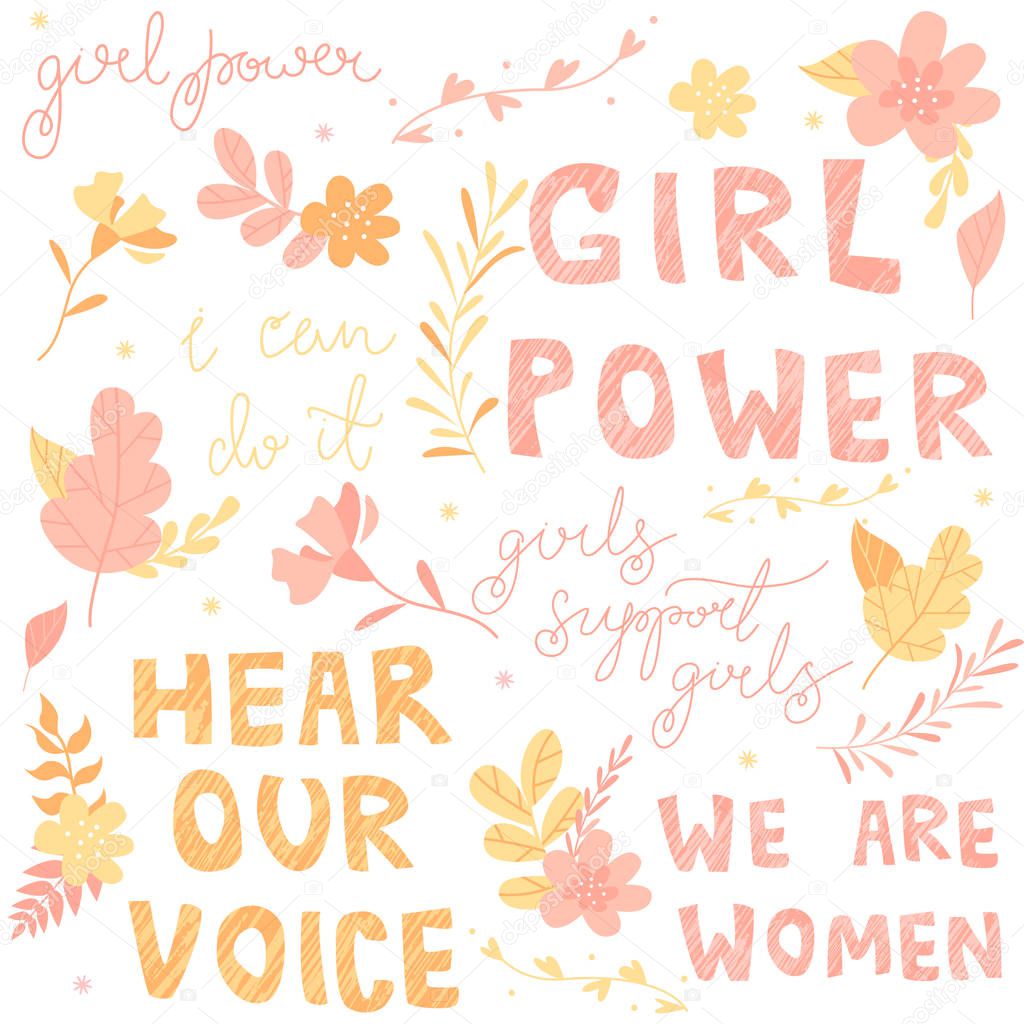 Hand-drawn letters, phrases set about feminism, flowers and plants, colorful illustration