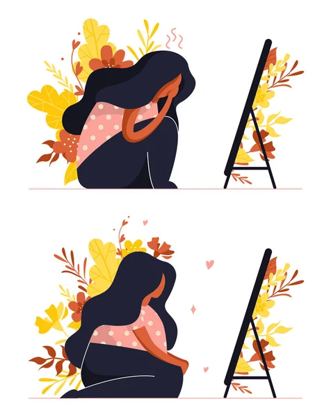 Comparación. Chica que no le gusta el reflejo en el espejo y la chica que se ama a sí misma. Cuerpo ilustración positiva — Vector de stock