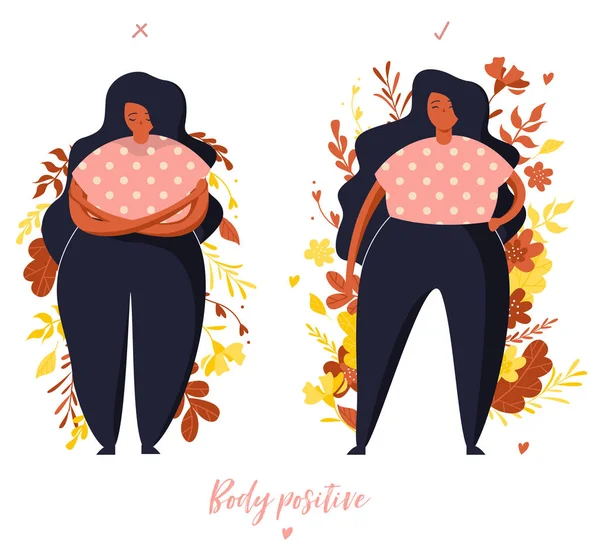 Comparación. La chica duda. Una chica segura. Cuerpo ilustración positiva — Archivo Imágenes Vectoriales