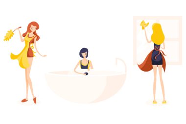 Üç sevimli kız temizleyiciler kümesi. Readhead, toz sarışın pencerenin yıkar ve esmer bir banyo paspası ile yıkar..