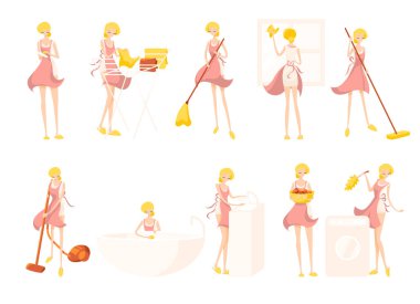 Sevimli sarışın kız temizlikçi kadın pembe bornoz ile büyük set