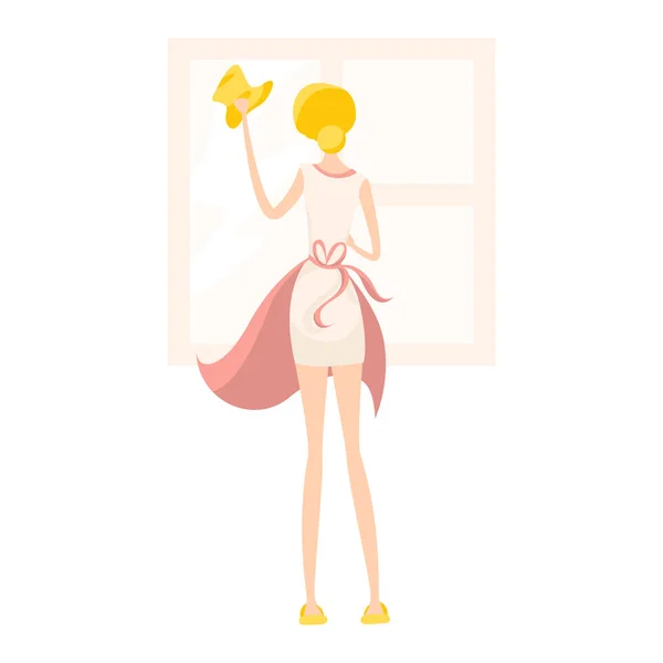 Χαριτωμένο ξανθό κορίτσι πλένει το πάτωμα με μια σφουγγαρίστρα με μια ροζ ποδιά — Διανυσματικό Αρχείο