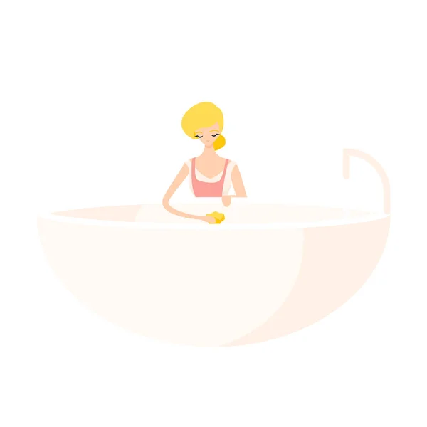 Cute blonde girl washes a bath with a rag in a pink apron. — Stock Vector