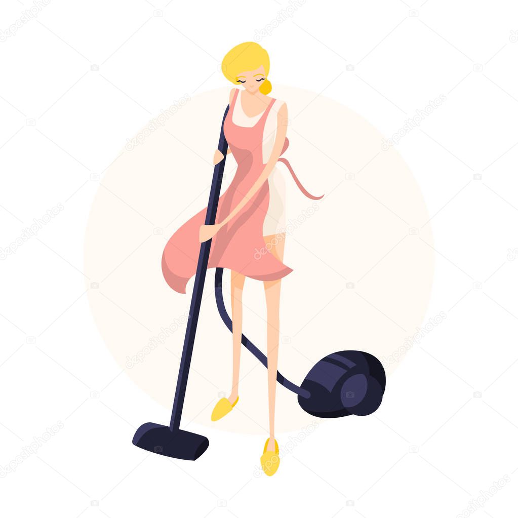 Cute blonde girl vacuuming the floor in a pink apron.