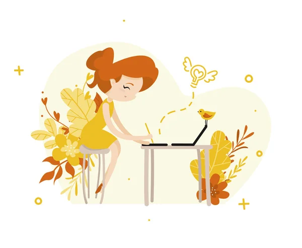 Ginger girl illustrateur dessine sur une tablette graphique — Image vectorielle