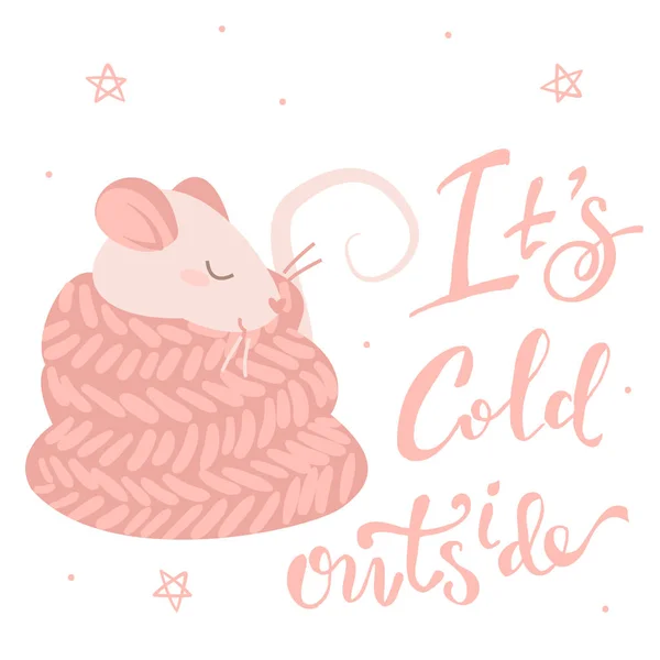 Rat rose dans une écharpe et lettrage son froid à l'extérieur, illustration isolée — Image vectorielle