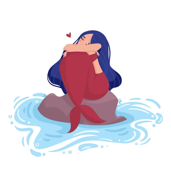 Meerjungfrau mit blauen Haaren und rotem Schwanz sitzt auf einem Stein im Wasser und umarmt Knie. — Stockvektor