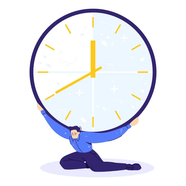 Sad character holds a heavy huge clock. Time pushs on human. Deadline concept. — Stock Vector