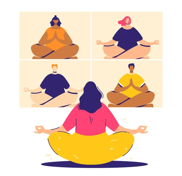 オンライン瞑想の概念。蓮のポーズのビデオ会議参加者 – padmasana。人々はリラックスして冷たい. — ストックベクタ