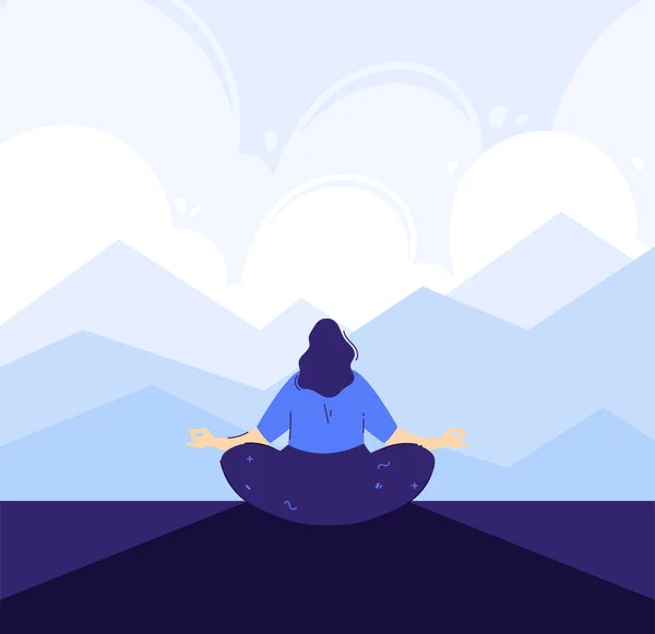 Yoga girl in the front of mountains background. Outdoor meditation concept. Lotus pose - padmasana. Woman relax and chill. — Stock Vector