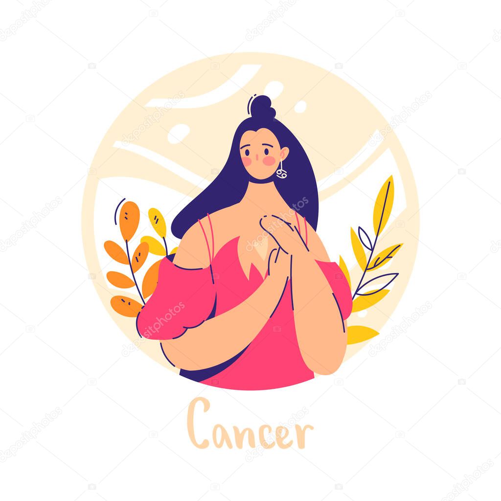 Cancer zodiac sign. Water. Female character and element of ancient astrology.