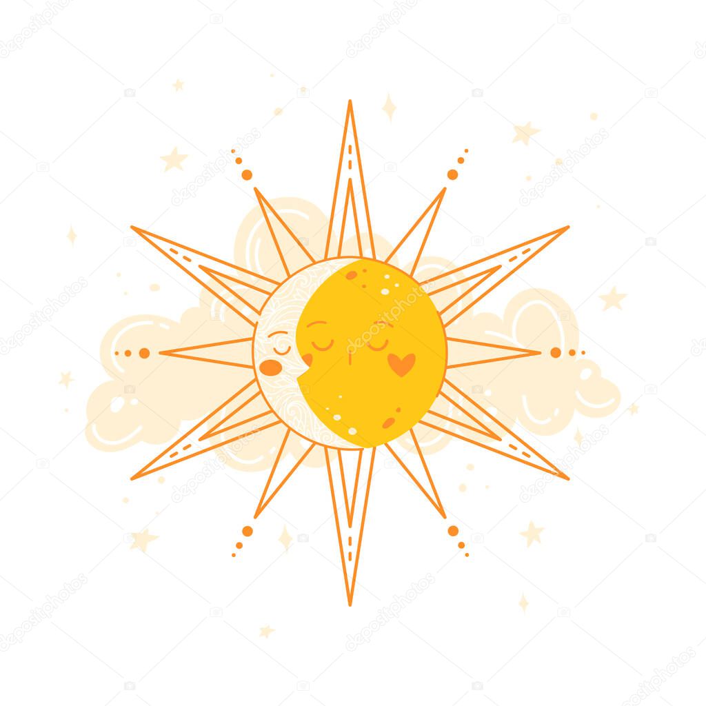Moon and sun in round frame. Astrology concept