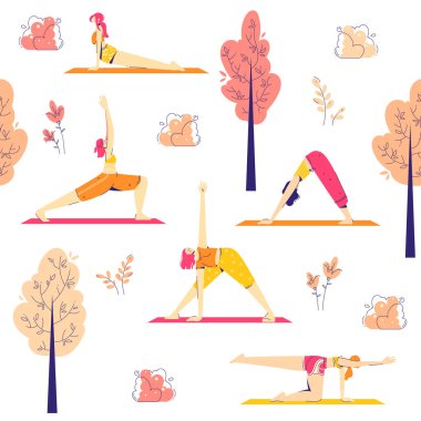 Kadın karakterler parkta yoga yapıyor. Açık hava yoga konsepti. Kusursuz desen.