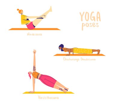 Yoga pozları. Kadın karakterler yoga yapıyor. Yoga konsepti. Yoga poz işareti. Pruva, yan kalas ve tekne pozisyonu. 30 'da 19-21.