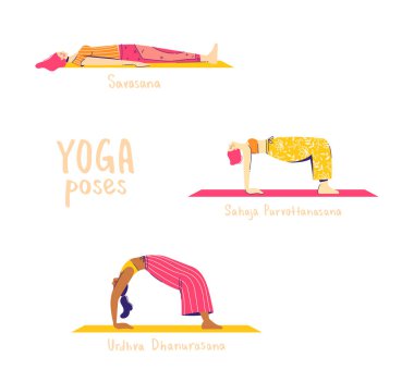 Set of yoga poses. Female characters practice yoga. Yoga concept. yoga poses sign. Wheel, table and corpse pose. 25-27 of 30 clipart