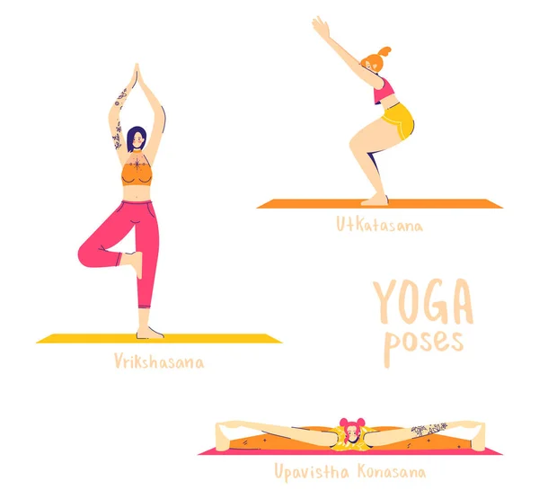 Set di pose yoga. Personaggi femminili praticano yoga. Concetto di yoga. yoga posa segno. Seduti ad ampio angolo, albero e sedia posa. 4-6 di 30 — Vettoriale Stock