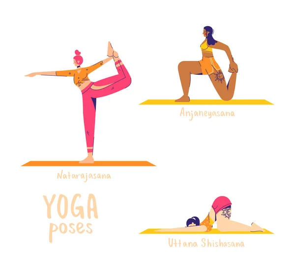 Set de posturi yoga. Personajele feminine practică yoga. Conceptul de yoga. Yoga reprezintă un semn. Dans, lunge și poză catelus. 10-12 din 30 — Vector de stoc