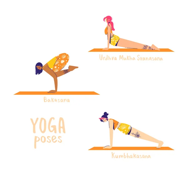 Set di pose yoga. Personaggi femminili praticano yoga. Concetto di yoga. yoga posa segno. Cane rivolto verso l'alto, corvo e tavola posa. 13-15 di 30 — Vettoriale Stock