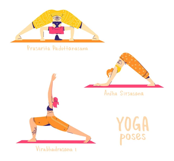 Set de posturi yoga. Personajele feminine practică yoga. Conceptul de yoga. Yoga reprezintă un semn. Îndoiți-vă cu picioare largi, delfini și pozați în salon înalt. 22-24 din 30 — Vector de stoc