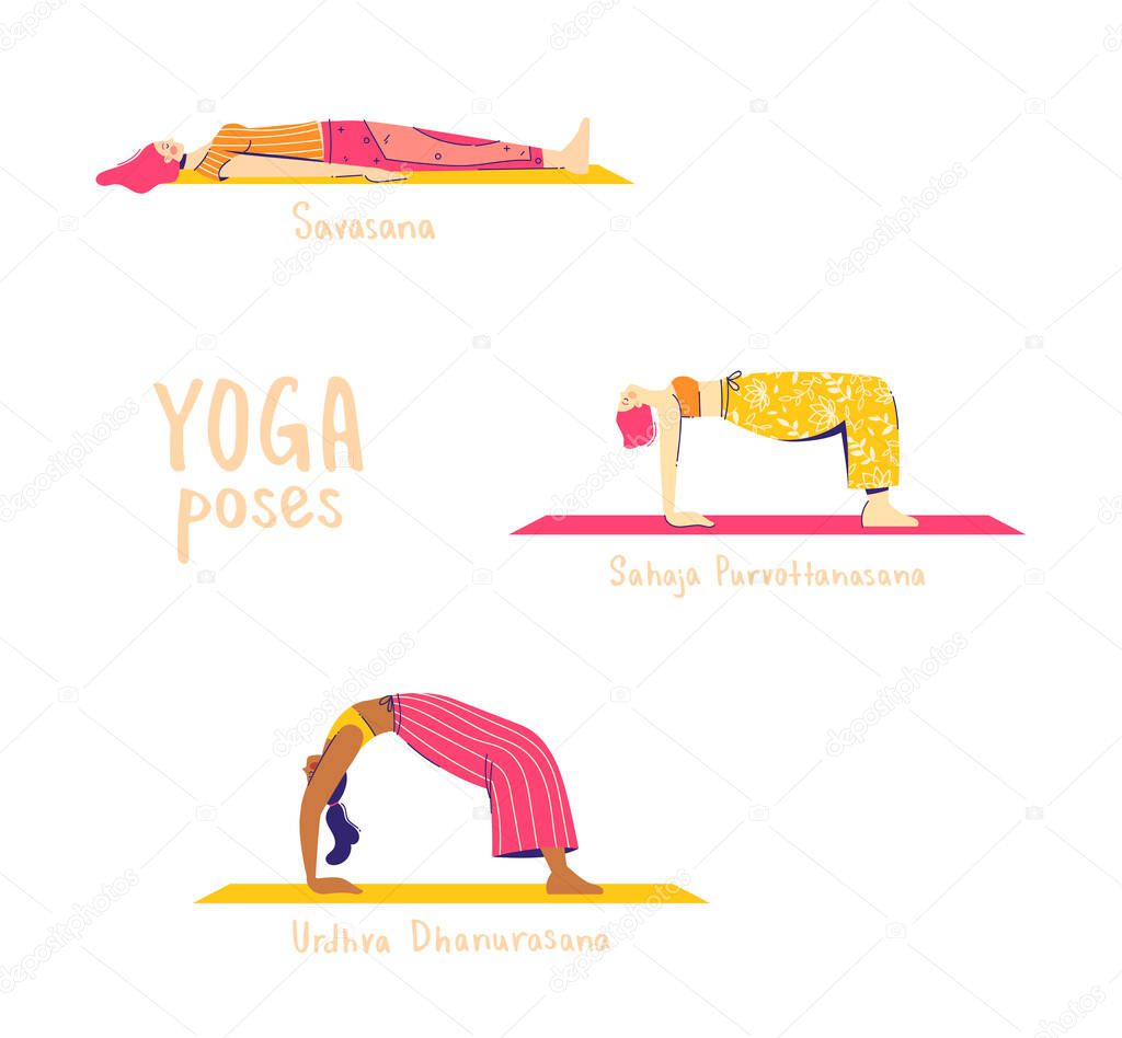Set of yoga poses. Female characters practice yoga. Yoga concept. yoga poses sign. Wheel, table and corpse pose. 25-27 of 30