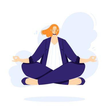 İş kadını, stresli bir günün ardından ve ofiste sıkı çalıştıktan sonra sakinleşmek için lotus pozisyonunda yoga yapıyor. Zeminde kadın karakter.