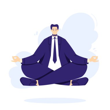 İşadamı, stresli bir günden ve ofiste yoğun çalışmadan sonra sakinleşmek için nilüfer çiçeğinde yoga yapıyor. Zemin üzerinde erkek karakter.