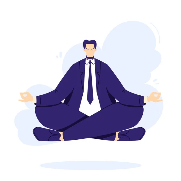 El hombre de negocios está haciendo yoga en la pose de loto para calmarse después de un día estresante y un trabajo duro en la oficina. Carácter masculino sobre piso . — Vector de stock