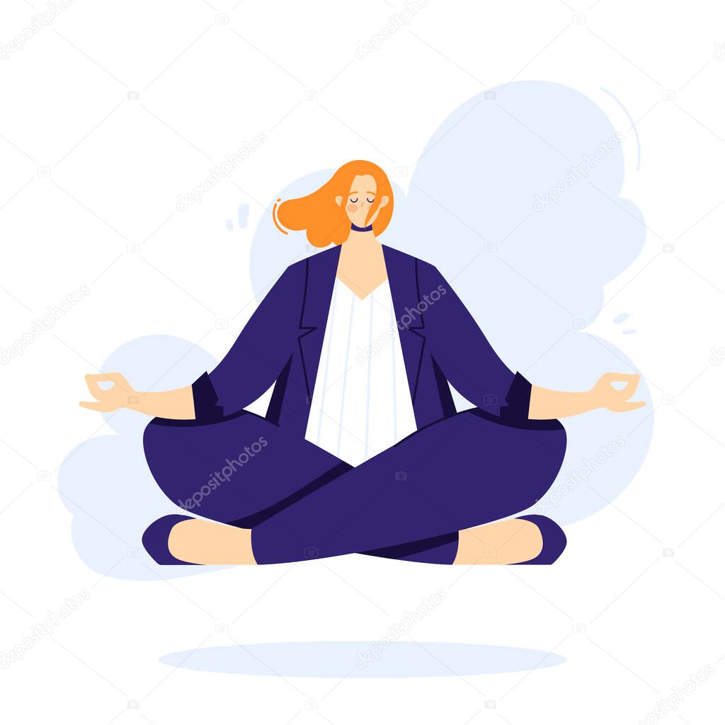 Businesswoman is doing yoga in the lotus pose to calm down after stressful day and hard work in office. Female character over floor.