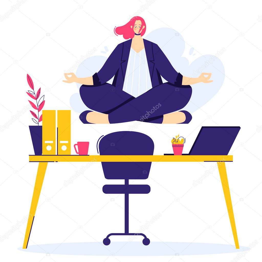 Businesswoman is doing yoga in the lotus pose to calm down after stressful day and hard work. Female character over workplace in office.