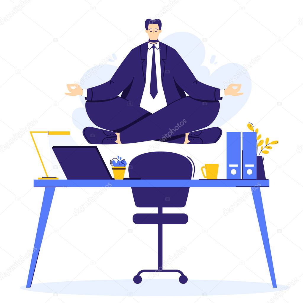 Businessman is doing yoga in the lotus pose to calm down after stressful day and hard work. Male character over workplace in office.