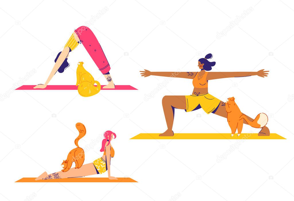 Female characters practice yoga with cats. Warrior, upward and downward facing dog pose.