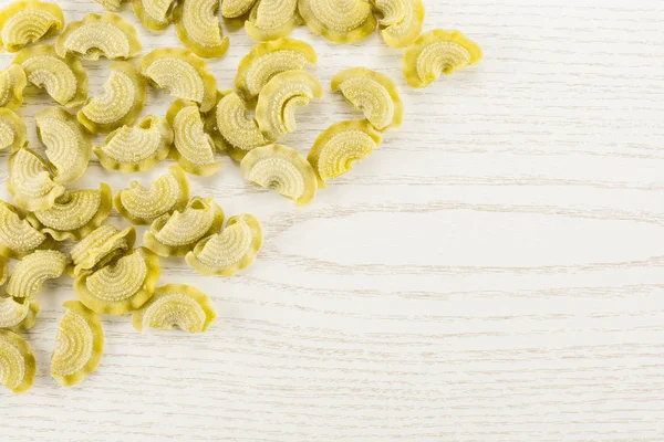 Pasta Creste Gallo Flatlay Aislado Sobre Fondo Madera Gris Vista — Foto de Stock