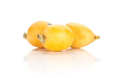 Üç taze turuncu Japon yenidünya izole üzerinde beyaz adam yığını