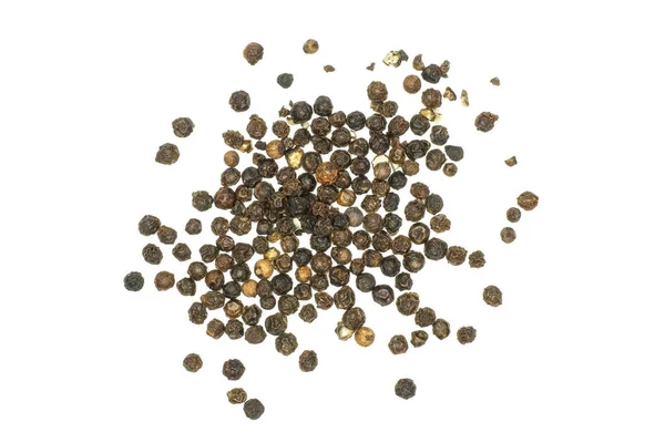 Black Pepper Grains Stack Top View Isolated White Backgroun — Stock Photo, Image