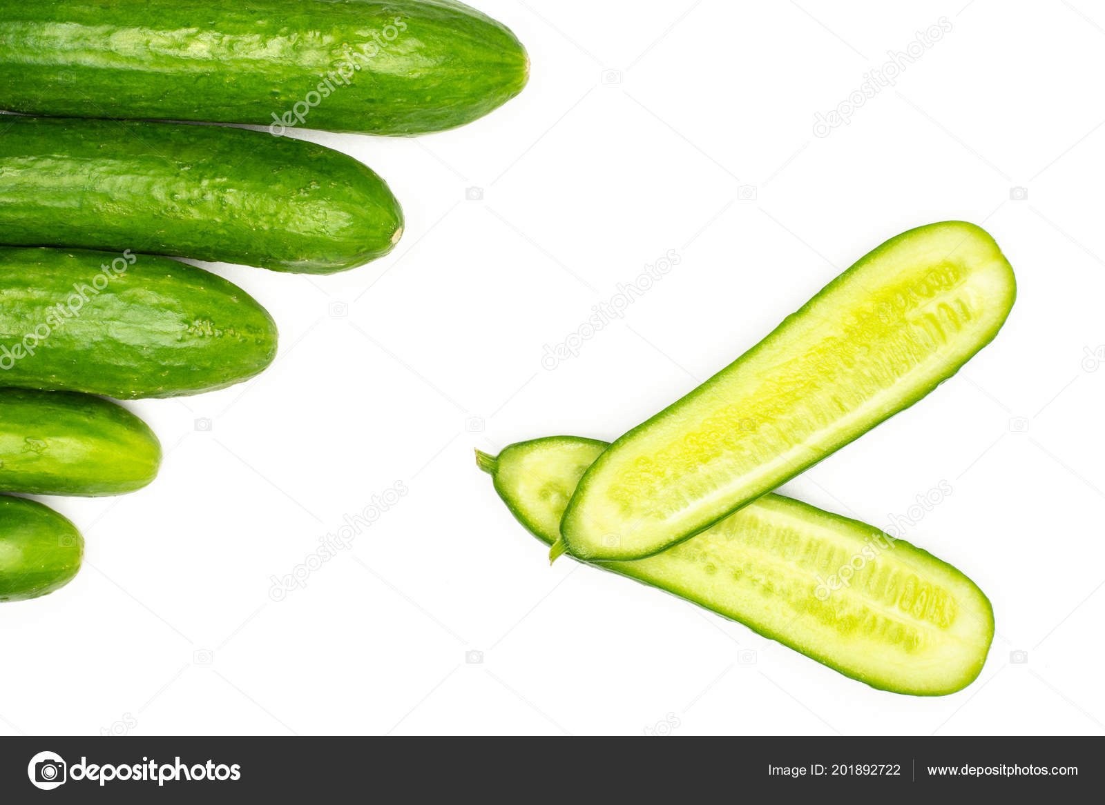 Five Fresh Mini Cucumbers One Cut Two Halves Flatlay Isolated