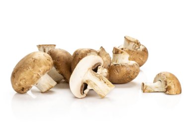 Bir iki devrede de beyaz arka plan taze çiğ mantar hea üzerinde izole kahverengi petrol dilimlenmiş