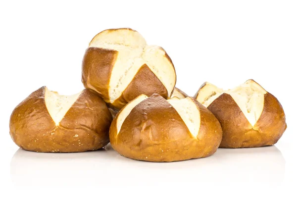 Свежий Баварский Хлеб Булочки Кучу Изолированы Белом Фоне Четыре Хлеба — стоковое фото
