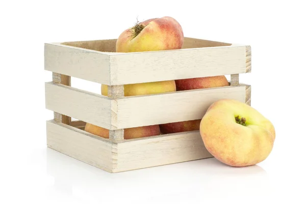 Fresh Ripe Saturn Peaches Wooden Box Isolated White Backgroun — Stock Photo, Image