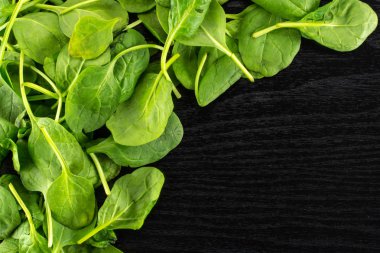 Siyah ahşap arka plan sol üst corne en iyi görünümü taze bebek ıspanak yaprakları