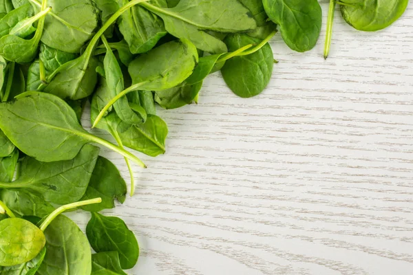 Gri ahşap arka plan sol üst corne en iyi görünümü taze bebek ıspanak yaprakları